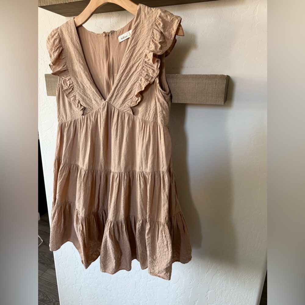 Millibon|Tan ruffled Sleeveless Tiered Dress in Brown/tan color,cottagecore boho - Picture 5 of 13